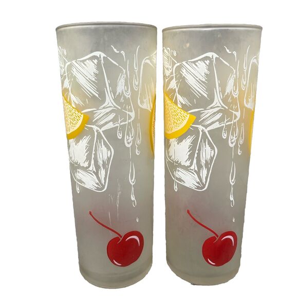 Set of 2 Federal Tom Collins Glasses Frosted Lemon Cherry Ice 6-3/4” MCM - Picture 1 of 10
